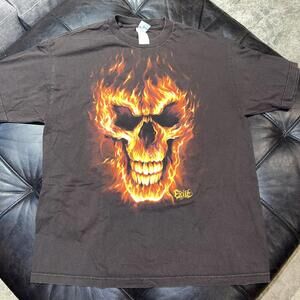 Vintage Y2K Skull Flames Exile Brown XL T-Shirt